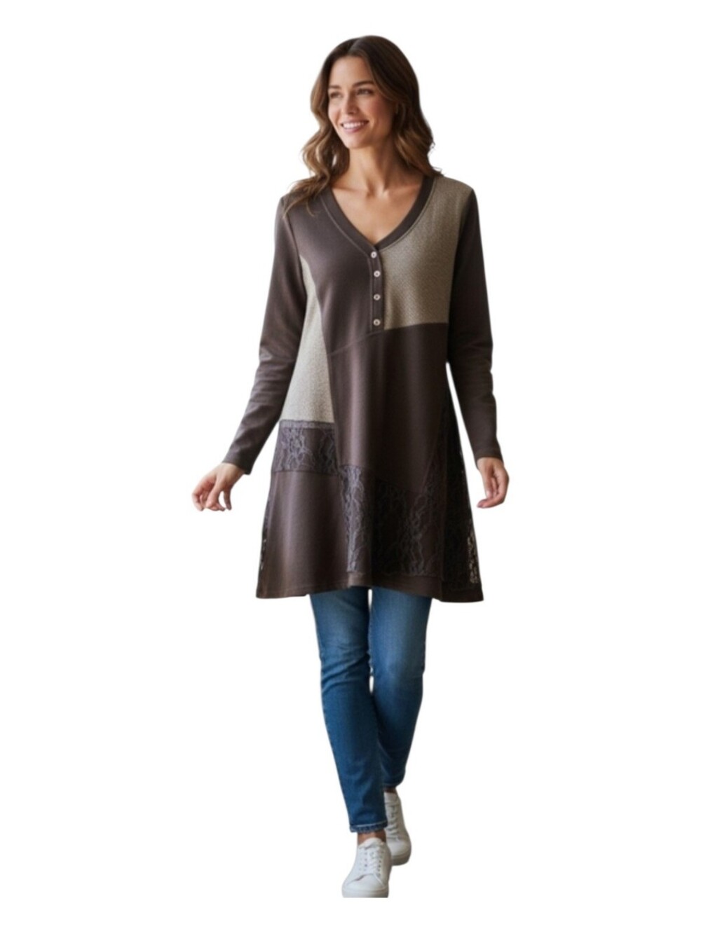 Venezia Brown Patchwork V-Neck Tunic
